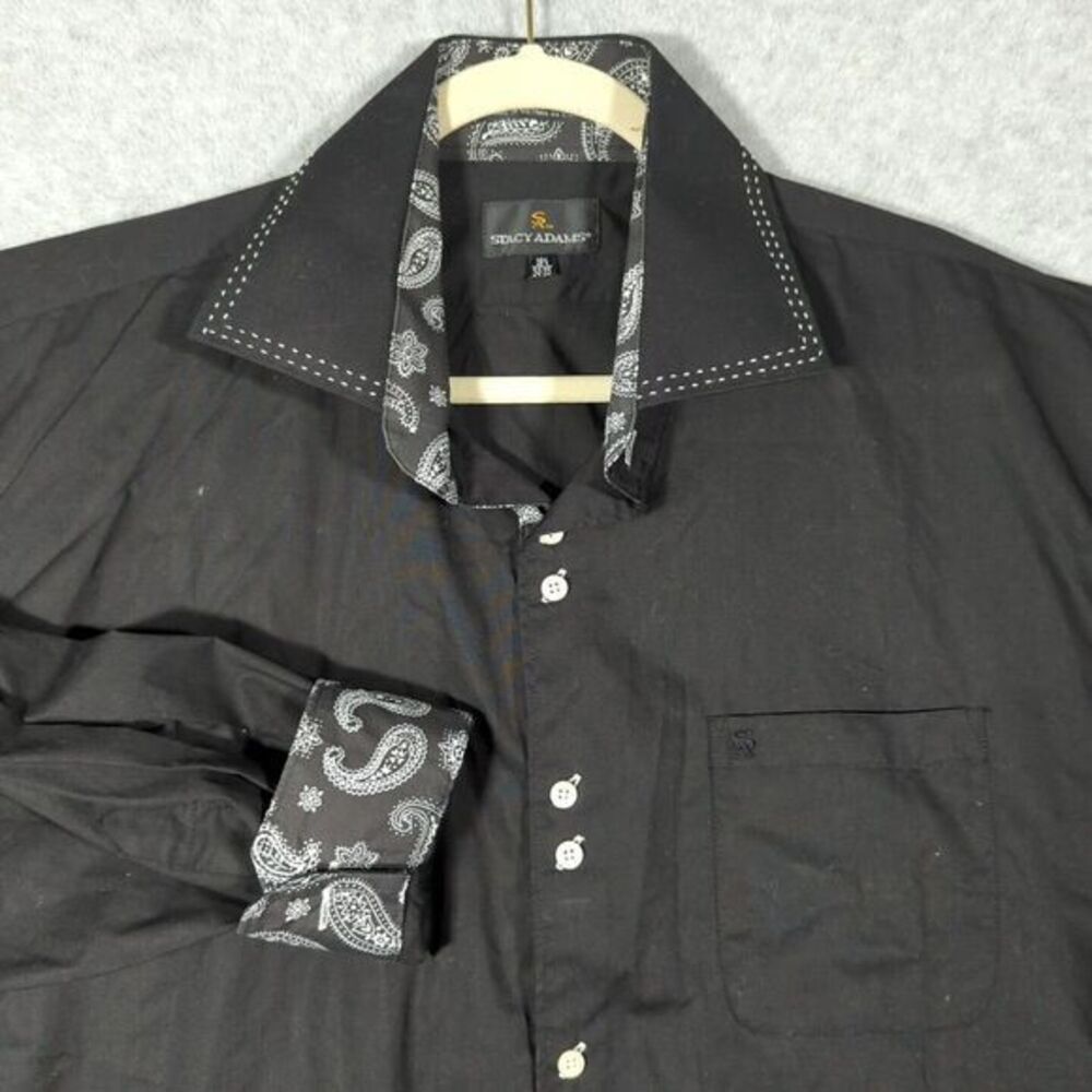 Stacy Adams Shirt Mens 18.5 34/35 Black Paisley White Stitching Western  Modern‎